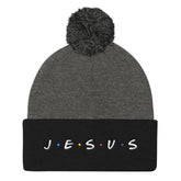 The Shirt Icon Jesus 90s Pom Pom Knit Cap - Christian Winter Hat EternalChristianTees Dark Heather Grey/ Black